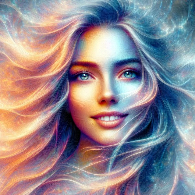 Fantasy-style portrait of a woman with flowing colorful hair and bright blue eyes
