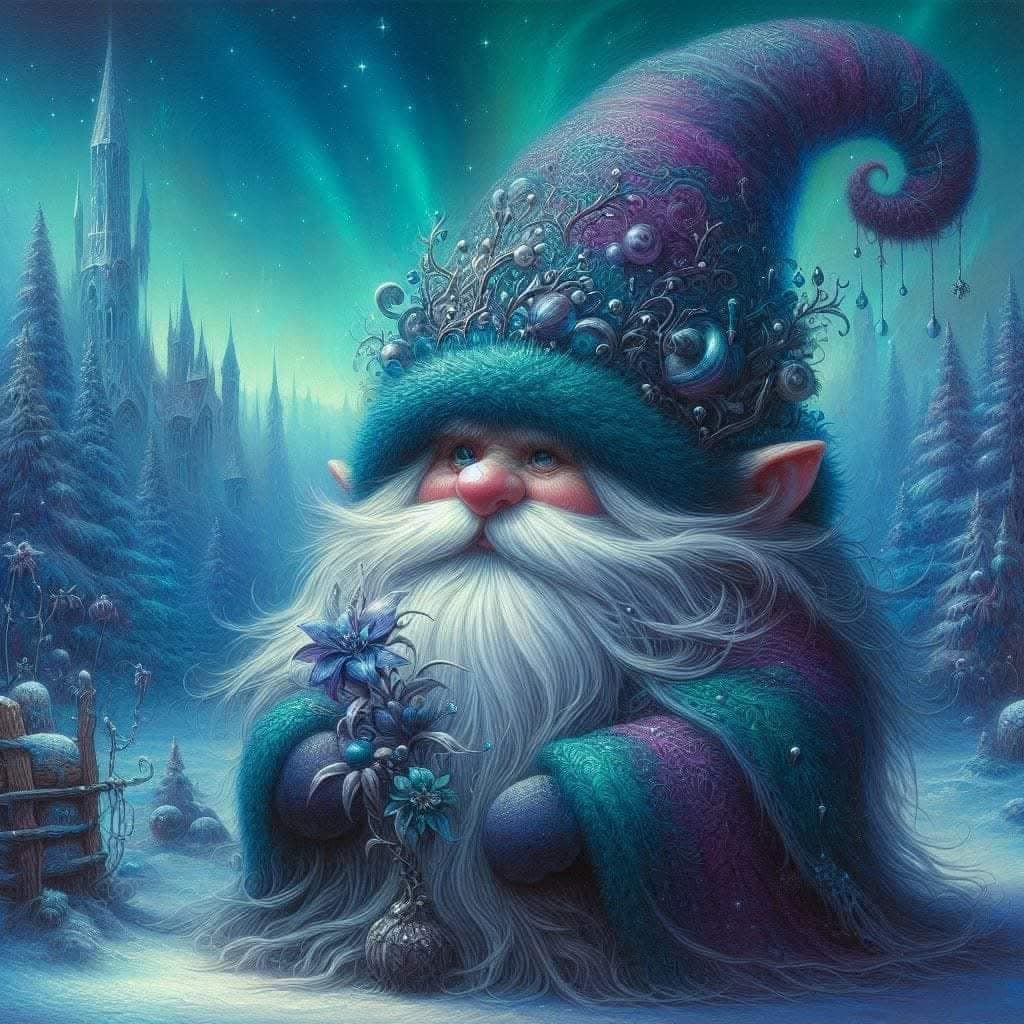 Fantasy elf with white beard in decorated purple hat under northern lights with castle background