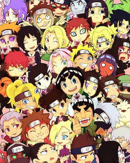 Anime collage of Naruto Uzumaki and many other Naruto characters in a colorful group portrait