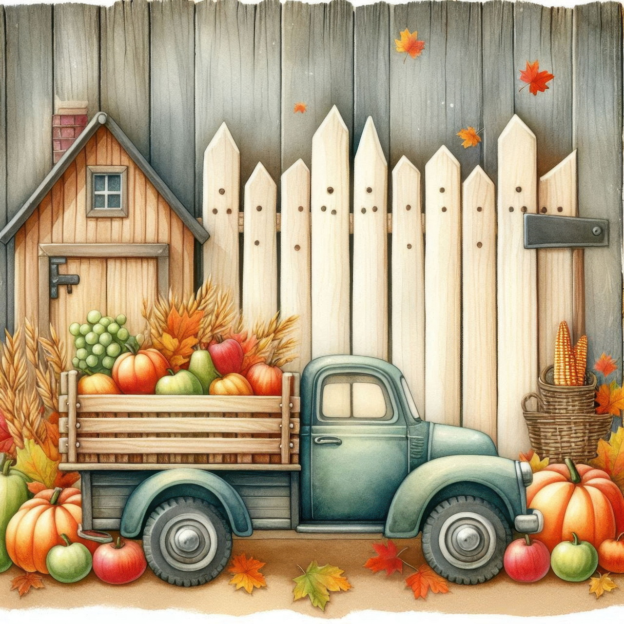 Illustrated blue vintage truck filled with pumpkins and autumn harvest by a wooden fence and barn