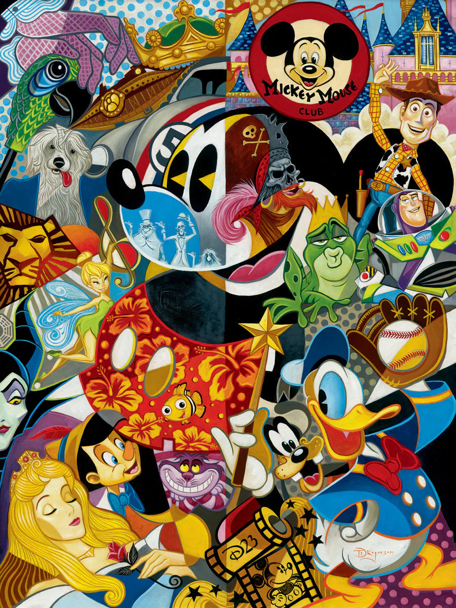 Colorful collage of classic Disney characters including Mickey Mouse, Donald Duck, Woody, Simba, and Buzz Lightyear