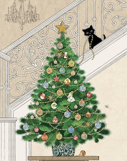 Decorated Christmas tree with ornaments in interior, black cat silhouette on staircase