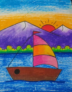Colorful drawing of sailboat on water with purple mountains and sunset