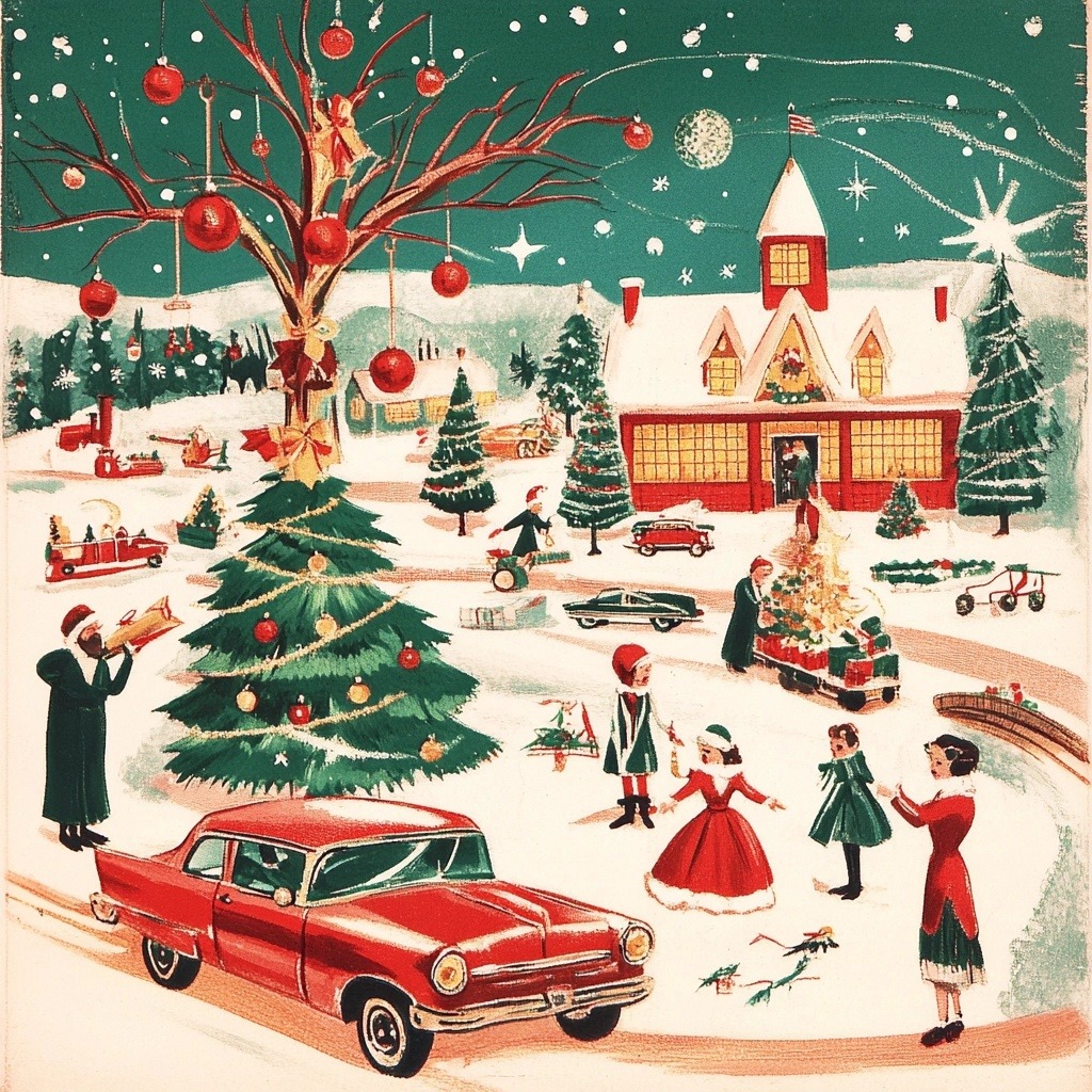 Vintage Christmas village scene with red car, church, decorated trees, and people in 1950s style illustration