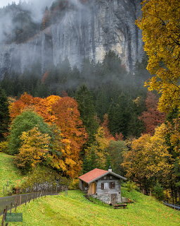 Small cottage on hillside surrounded by autumn trees with misty cliffs in background