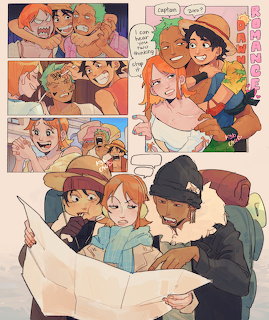 Fan art comic of One Piece characters hugging and reading a map together in casual clothes