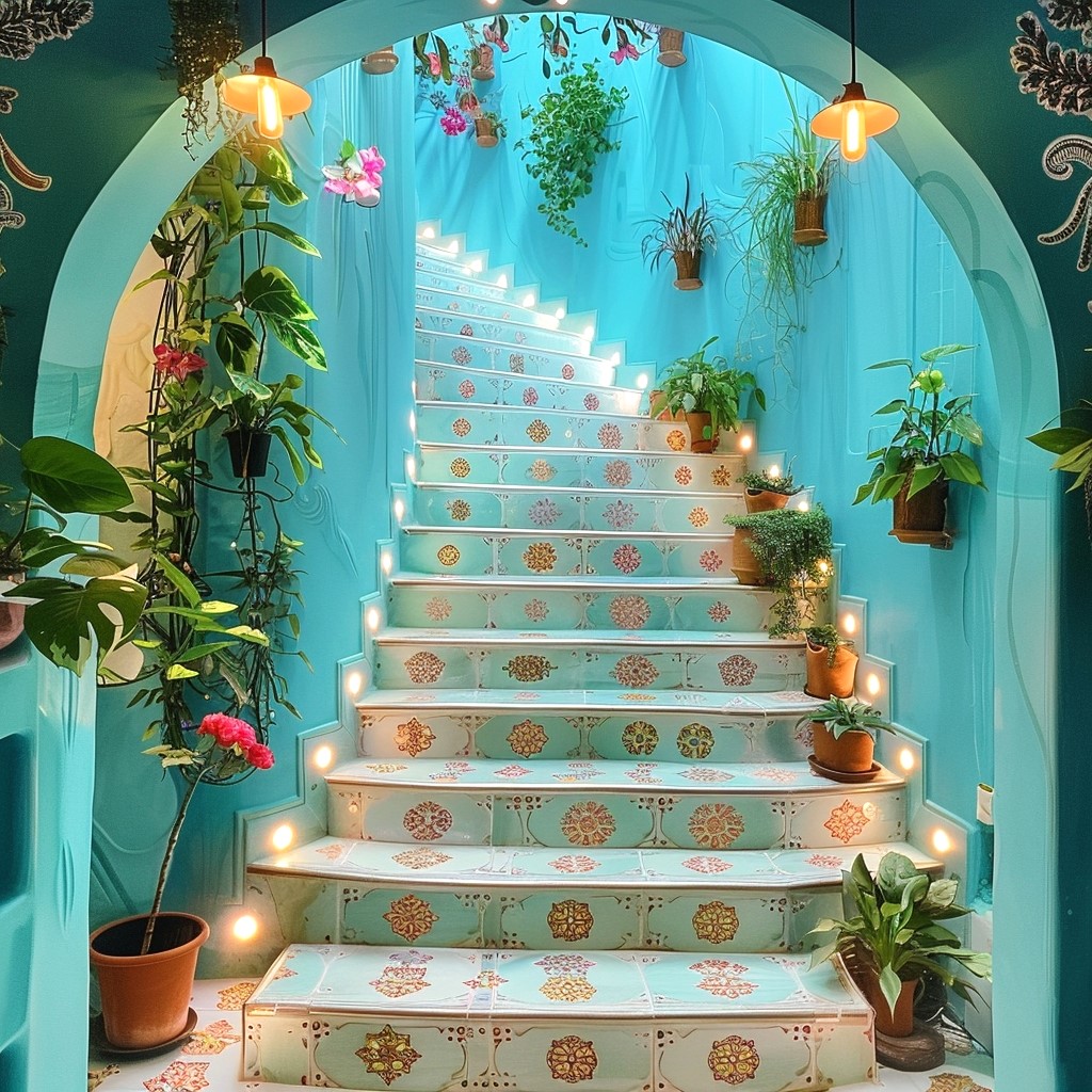 Turquoise arched stairway with patterned tiles, potted plants, and hanging lights