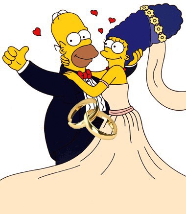 Homer and Marge Simpson dancing in wedding clothes with golden rings and hearts