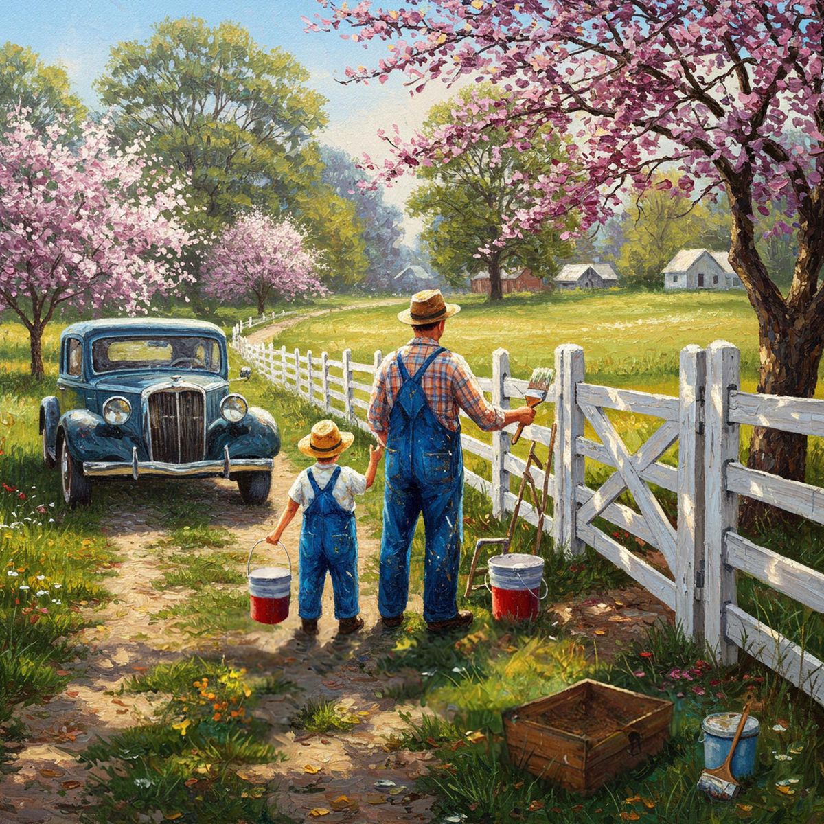 Father Son Painting White Fence