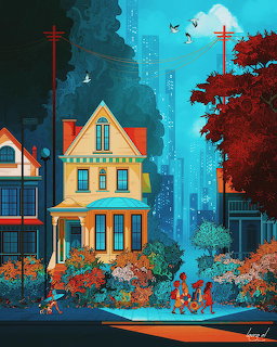 Colorful Suburban House at Night