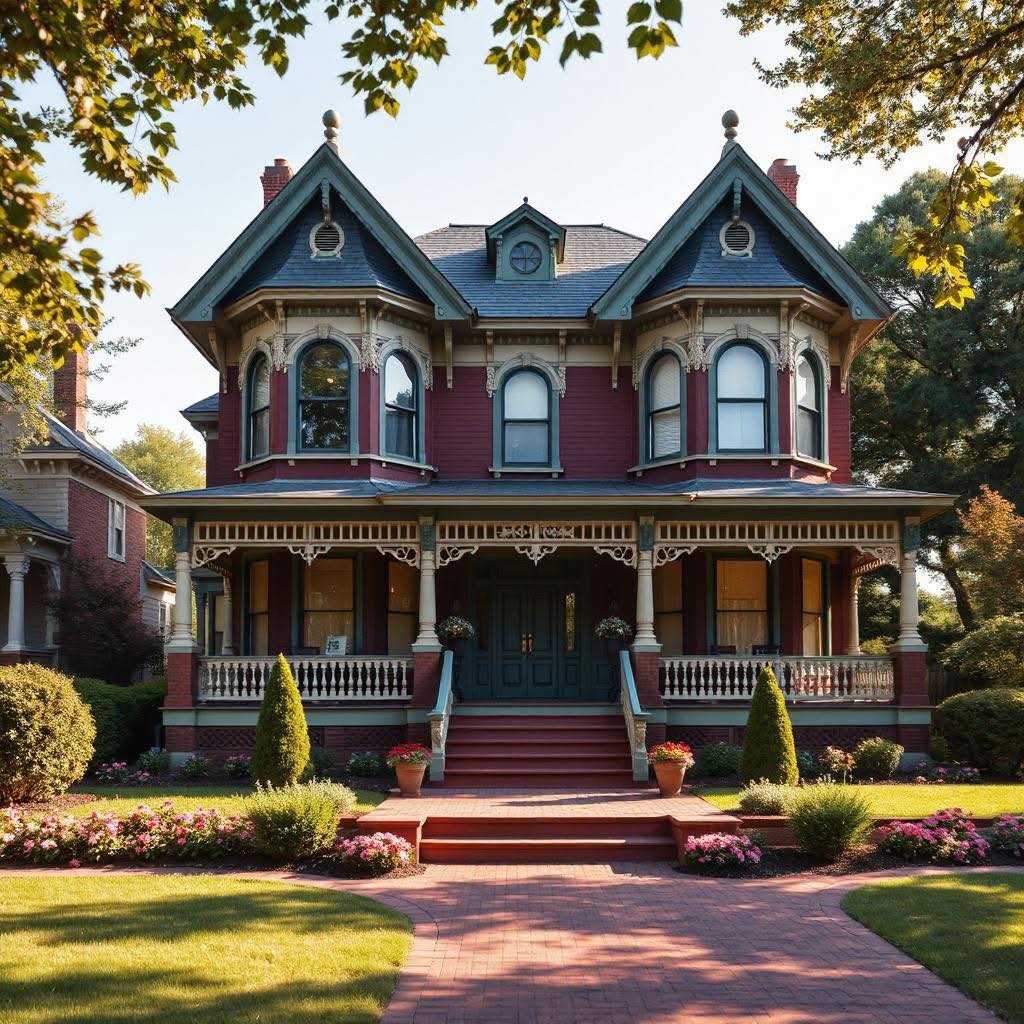 Red Victorian mansion with white trim, turrets, and front porch on green lawn