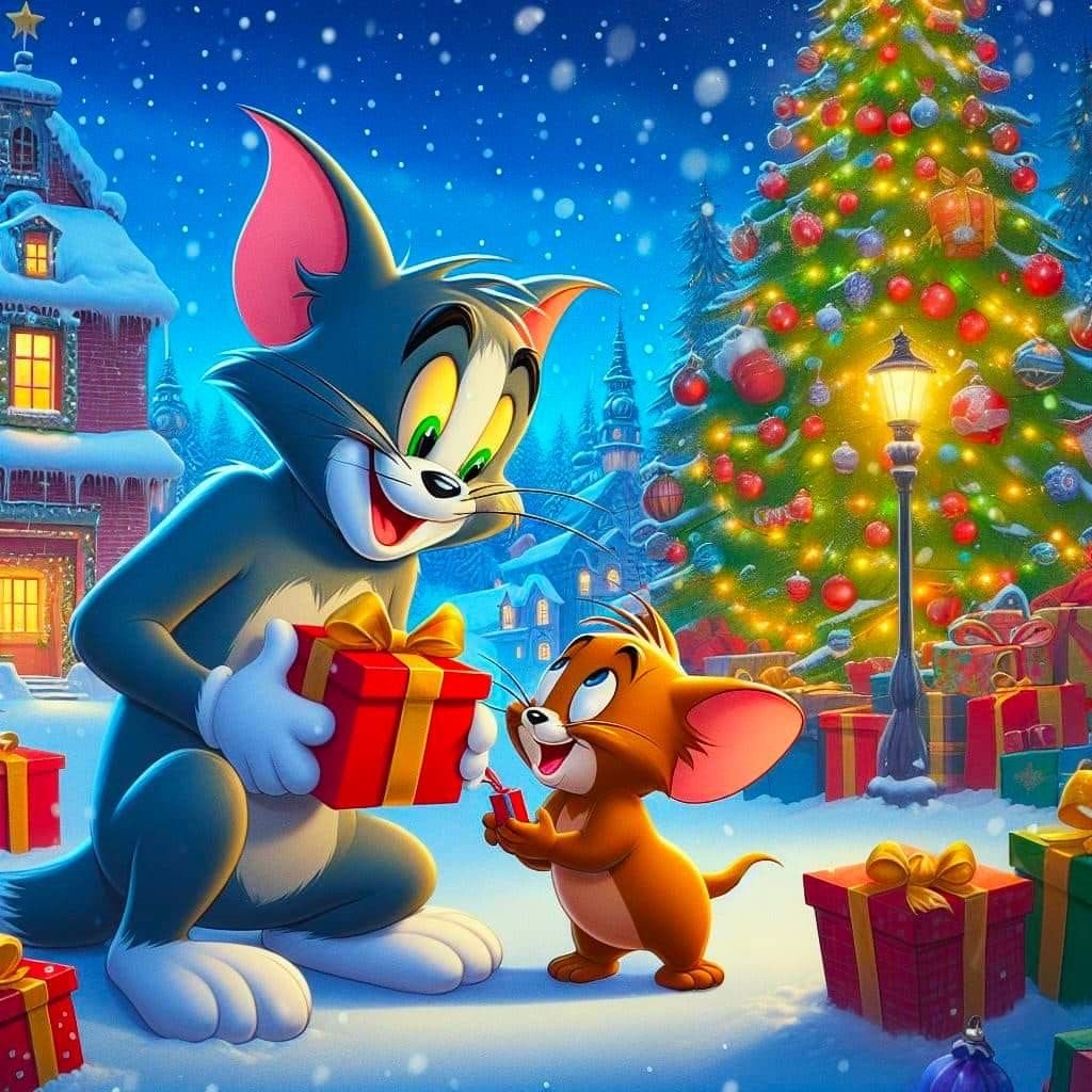 Tom cat holding gift with Jerry mouse in snowy Christmas scene with decorated tree and presents