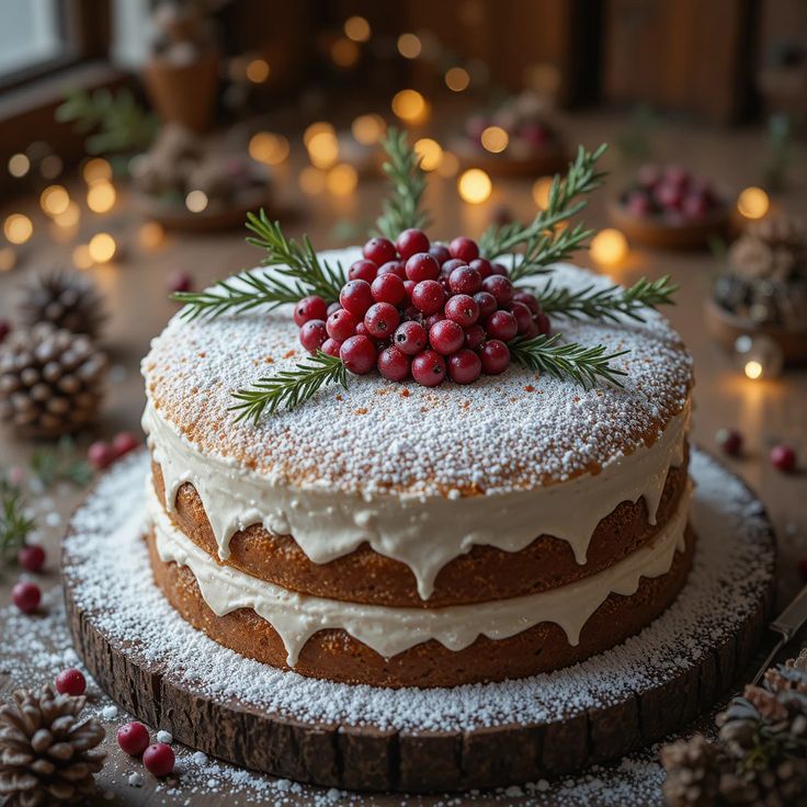 Powdered sugar layer cake topped with red berries and pine sprigs on a rustic table