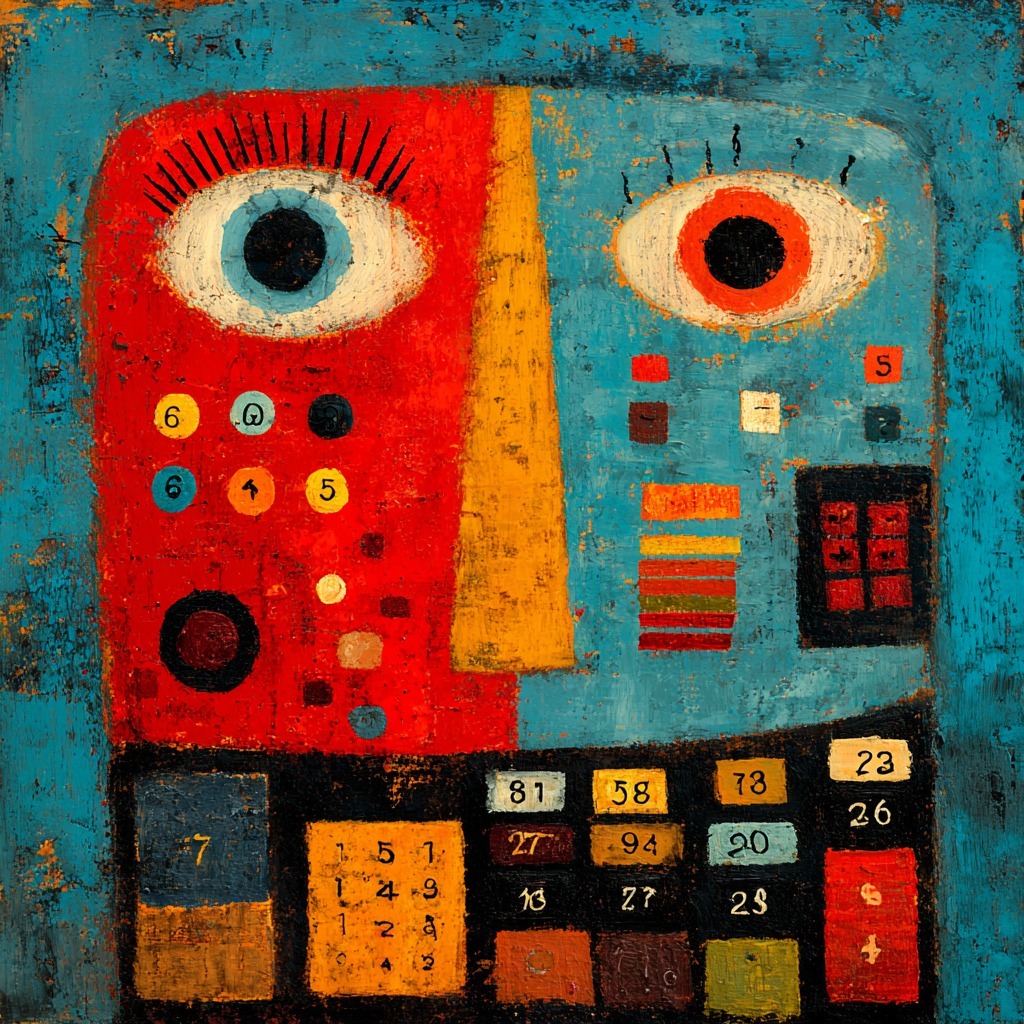 Abstract art with two faces, geometric shapes, colorful buttons and numbered squares on distressed blue background
