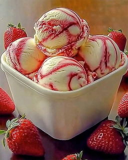 White bowl of strawberry swirl ice cream scoops with fresh strawberries around it