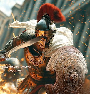 Armored Spartan warrior with sword, shield, white cape, and red plume in a dramatic battle scene