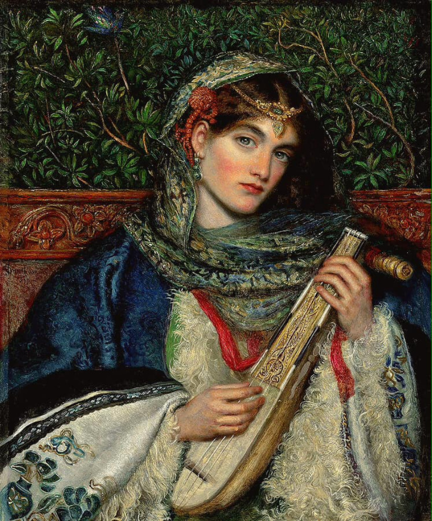 Painting of a veiled young woman holding a mandolin in front of dark foliage