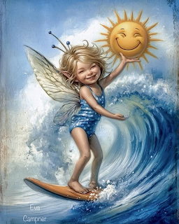 Illustration of a young fairy girl with wings surfing a blue wave under a smiling sun