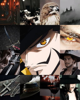 Multi-panel collage of Mihawk anime character with hawk, sword, and dramatic dark scenes