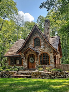 Stone cottage with arched wooden door and steep roof in sunny forest clearing