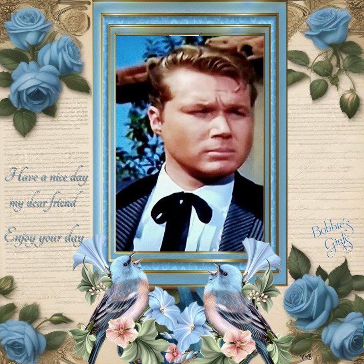 Framed portrait of man in suit surrounded by blue roses and floral decorations on beige background