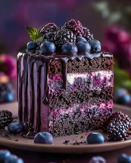 Chocolate layer cake with berry filling topped with blueberries, blackberries, and chocolate ganache drip