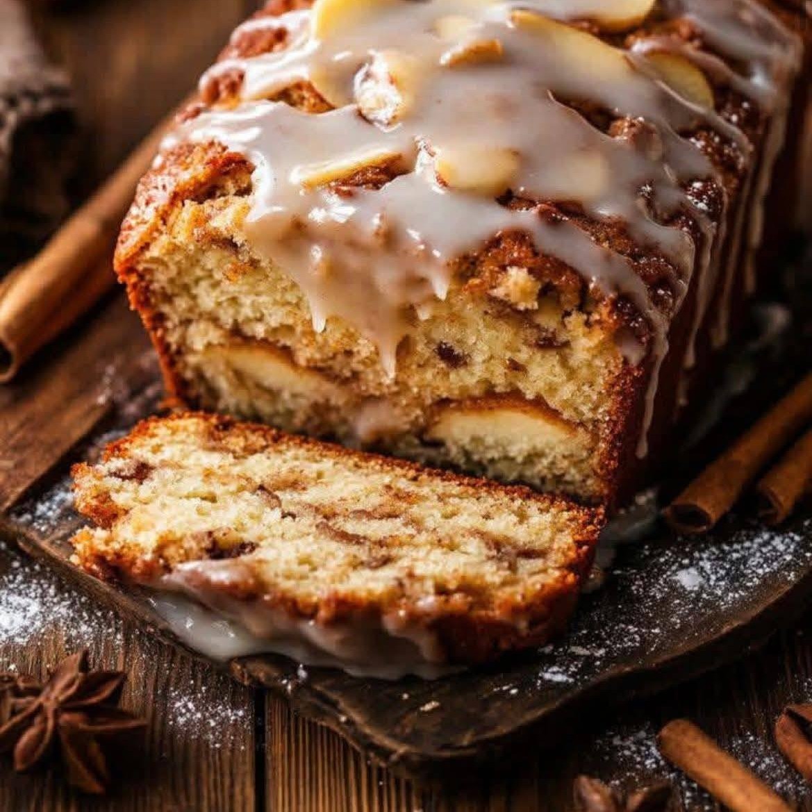Sliced glazed apple fritter bread on a wooden board with cinnamon sticks and star anise