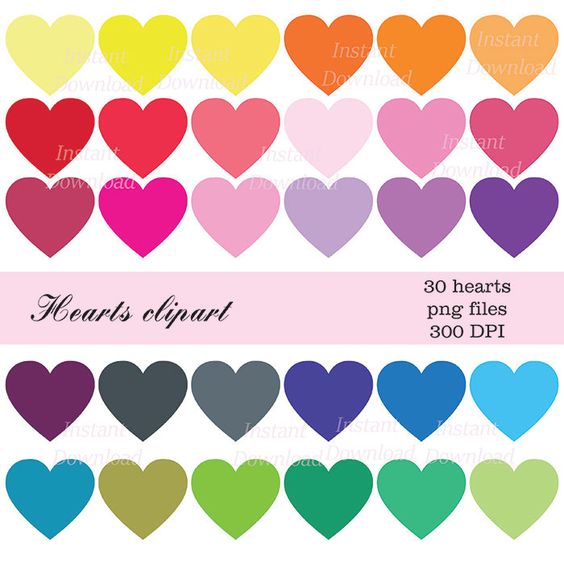 Grid of 30 colorful heart shapes in rainbow colors arranged in rows