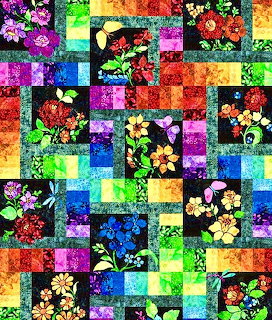 Colorful patchwork quilt with floral patterns in bright squares