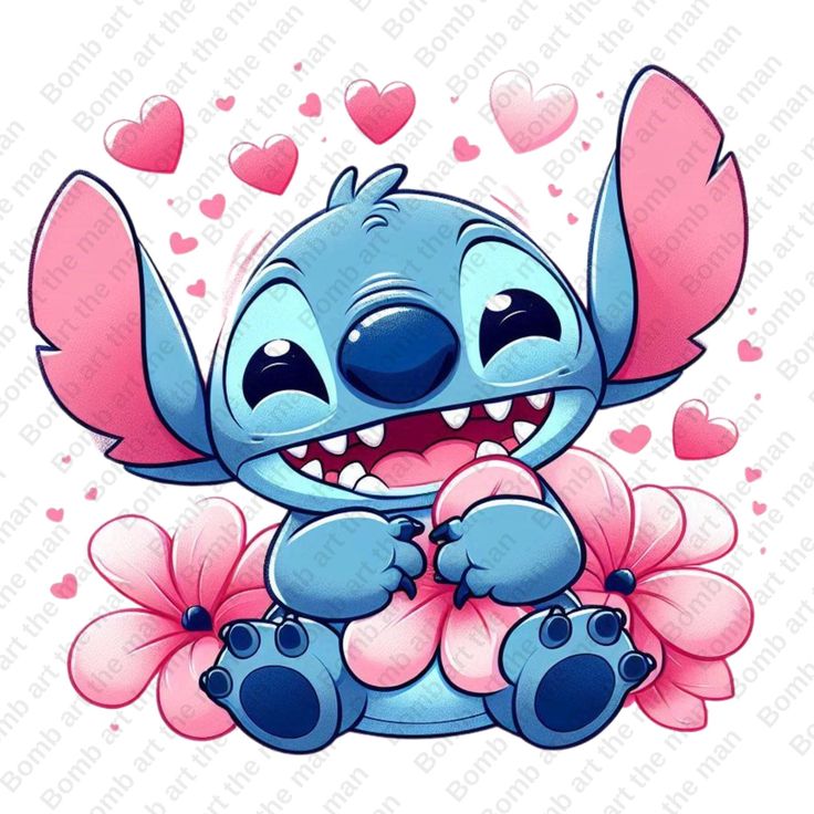 Cartoon Stitch character smiling with pink hearts and hibiscus flowers around him