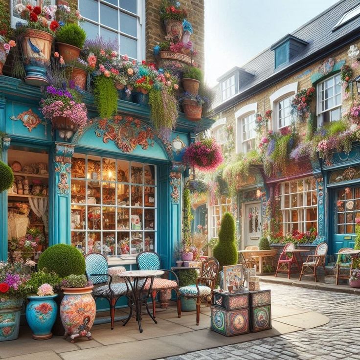 Colorful turquoise European café storefront with flowers, outdoor seating, and coblestone street