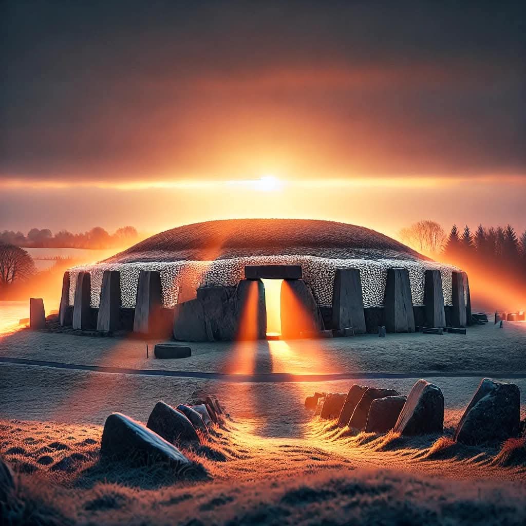 Sunrise behind the Newgrange stone monument with glowing rays and frost-covered ground
