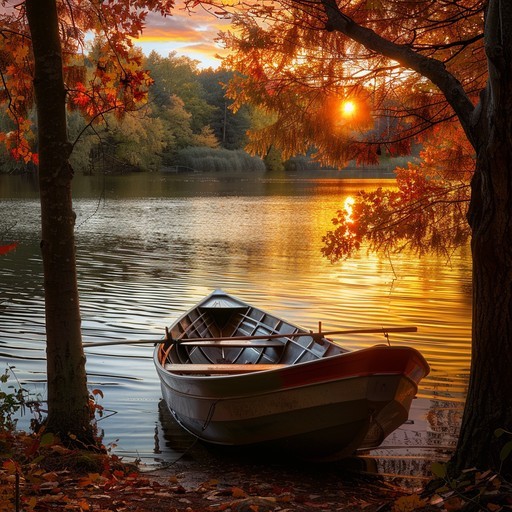 Wooden boat on autumn lake shore at sunset with orange foliage and golden water reflections
