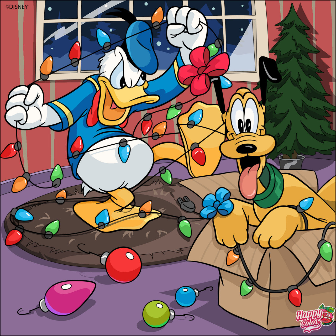 Donald Duck and Pluto tangled in colorful Christmas lights near a Christmas tree