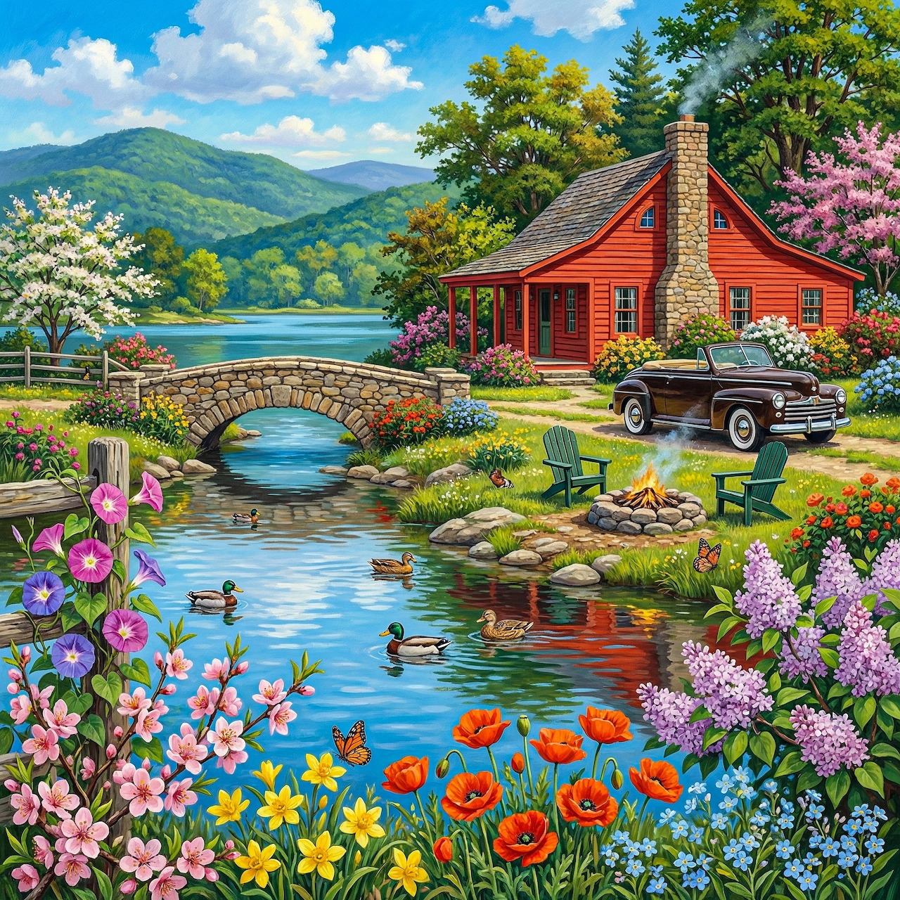 Painting of a red cottage by a flower-filled pond with ducks, a stone bridge, and mountains in the background.