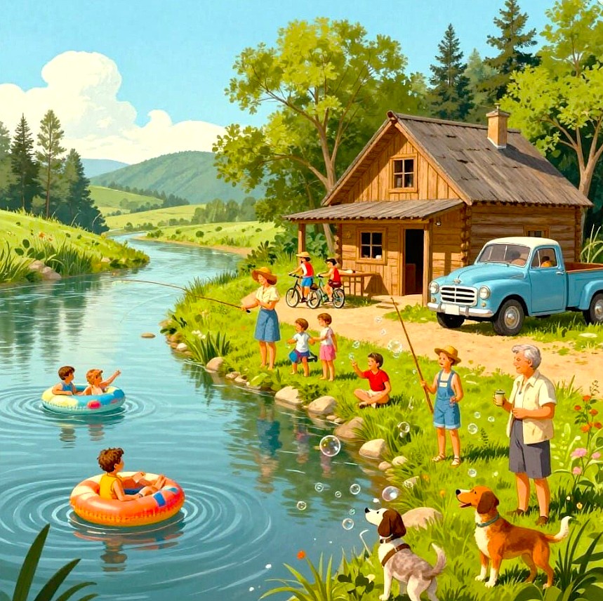 Children swimming and playing around a lakeside cottage with vintage truck in summer landscape