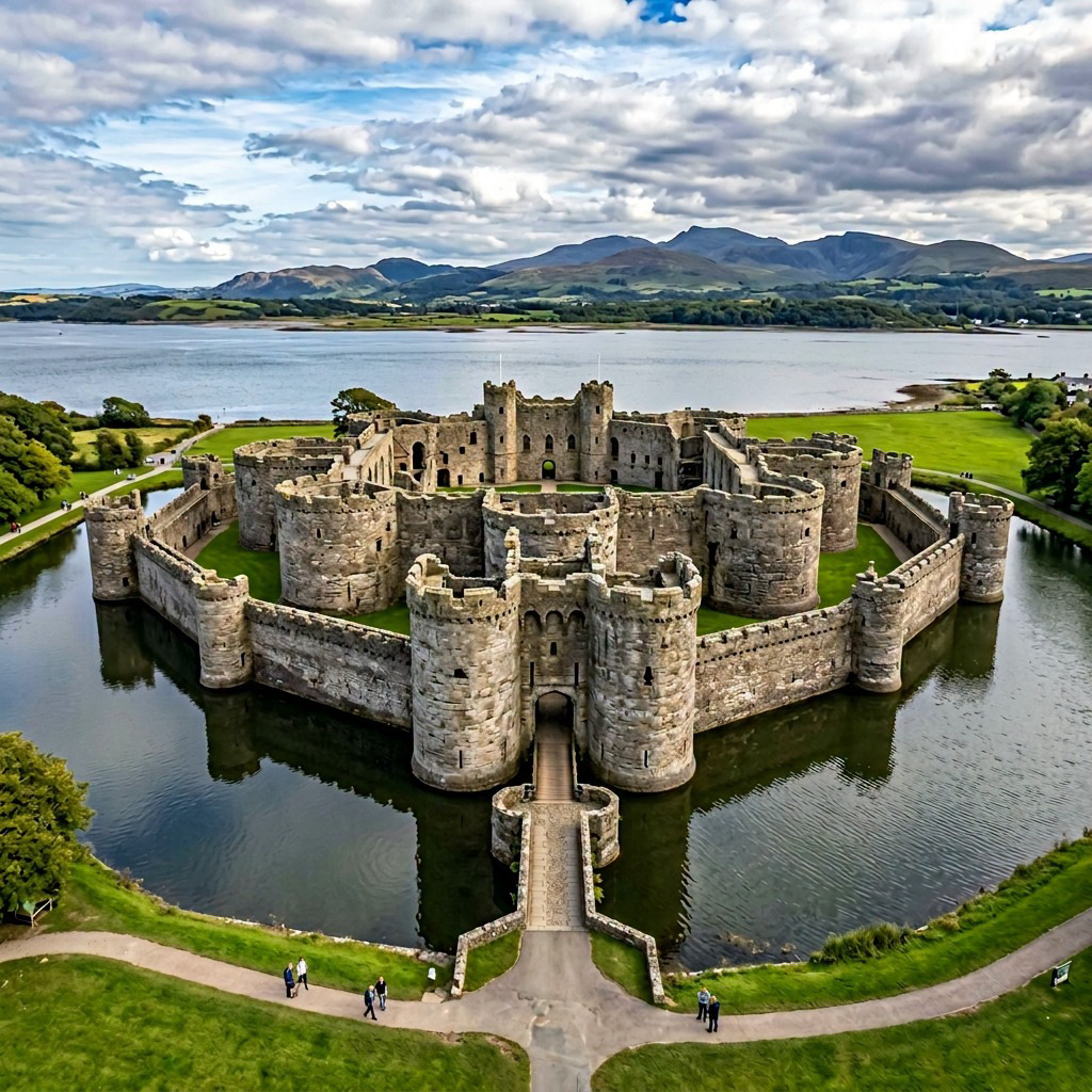 Aerial view of Beaumaris Castle encircled by a moat with mountains beyond