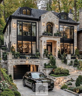 Two-story modern stone house with black-framed windows surrounded by trees and landscaping