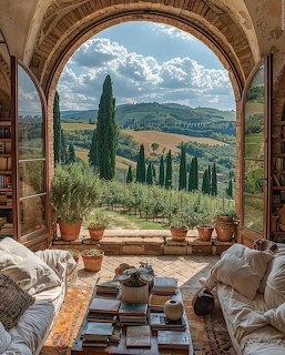Arched window overlooking Tuscan landscape with cypress trees and hills, interior with cushions and plants