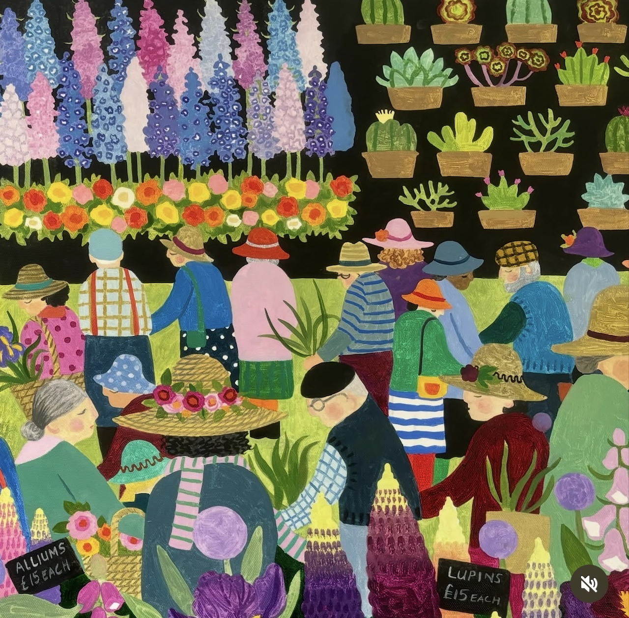 Colorful illustrated garden market with people, potted plants, flowers, and tall stylized trees