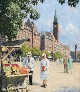 Painting of a woman buying fruit at a street stand in a European city square with a tall tower