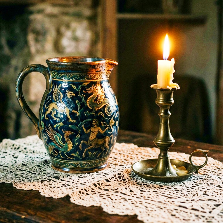 Blue and gold ornate jug next to lit candle on lace doily in dim room