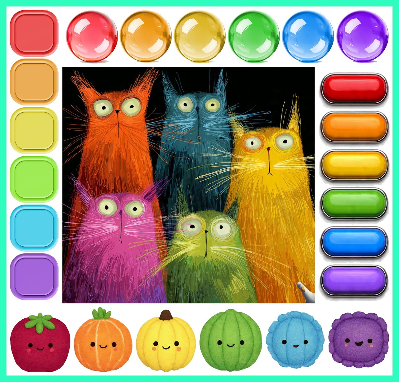 Five colorful cartoon cats with fuzzy fur in orange, blue, yellow, pink and green on dark background
