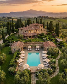 Aerial view of a Tuscan stone villa with pool, cypress trees, and sunset over rolling hills