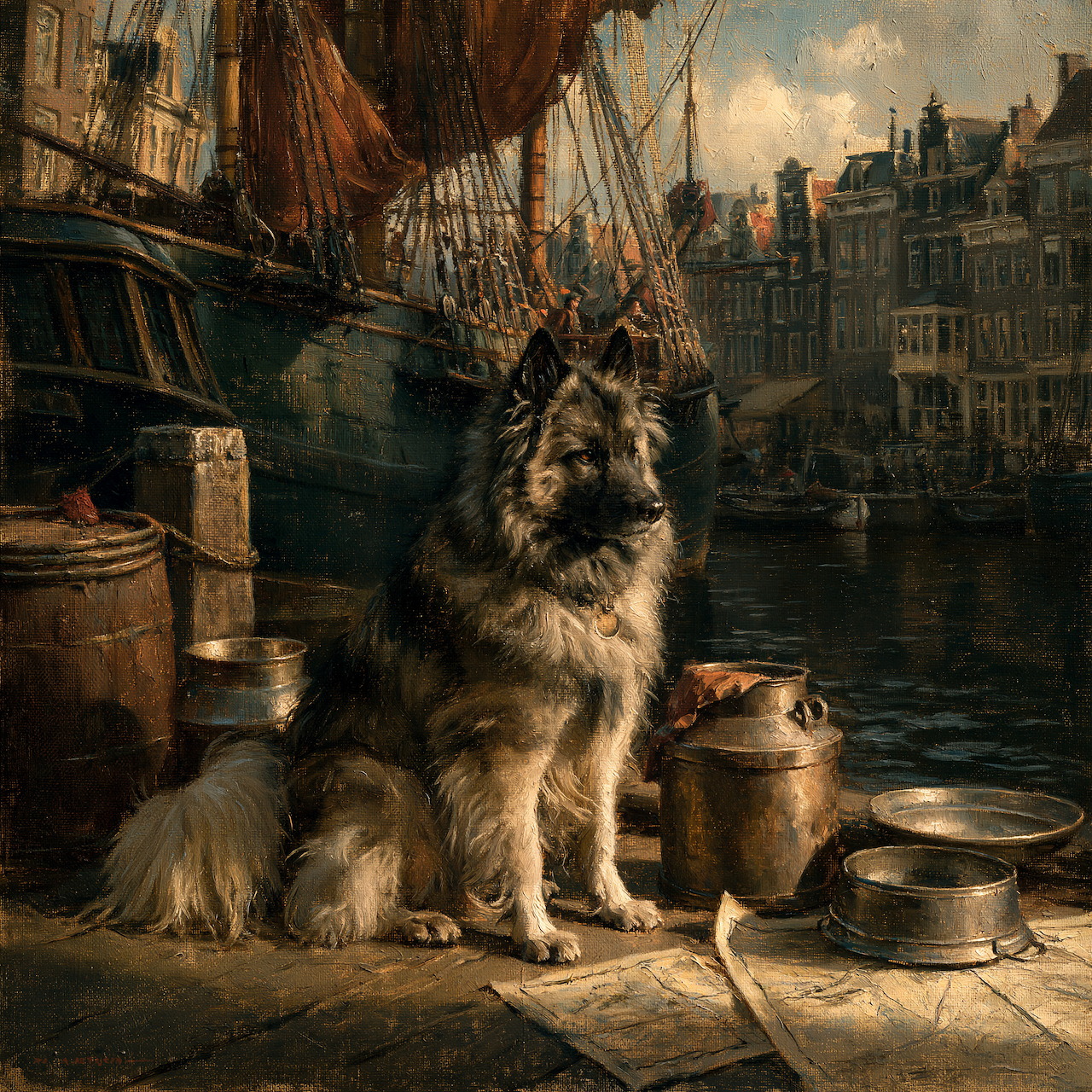 Fluffy dog sitting on a dock beside bowls with ships and old buildings in the background