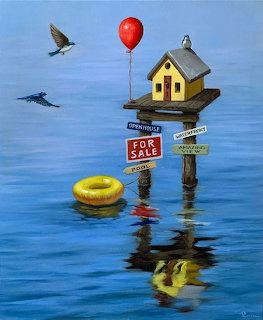 Whimsical painting of floating birdhouse with balloon and for sale sign on calm blue water