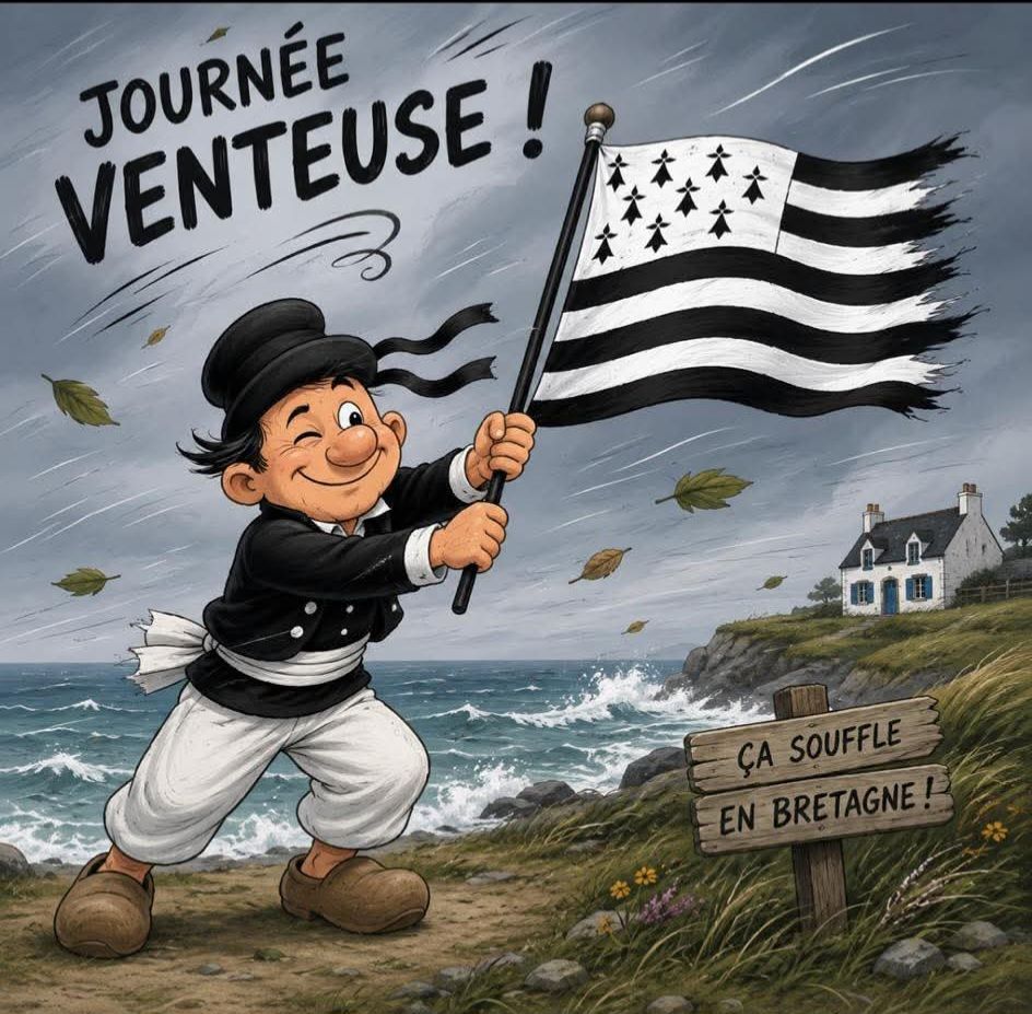 Cartoon of smiling Breton figure in traditional dress holding striped flag by seaside with French text and coastal cottage