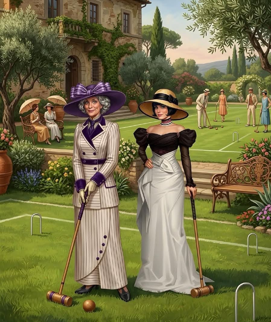 Two Victorian women in elegant dresses holding croquet mallets on a green lawn with estate behind them