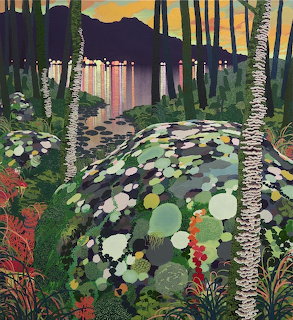 Illustrated tropical forest with moss-covered rocks, lily pads, and sunset through trees
