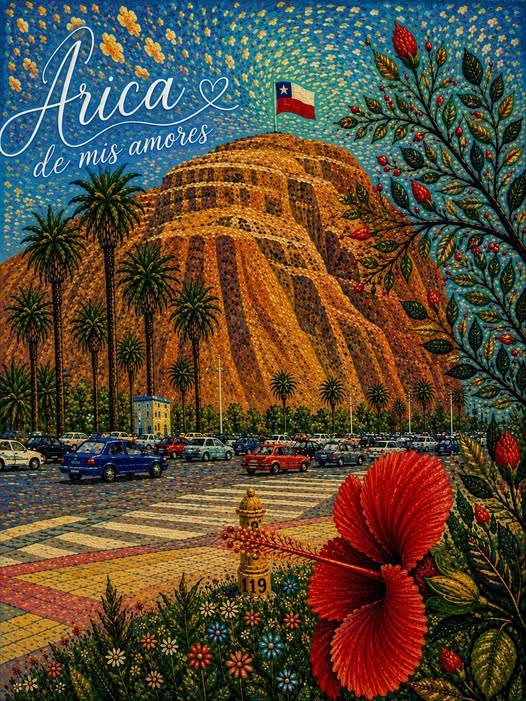Folk-art scene of El Morro in Arica with palms, flowers, traffic, and a Chilean flag.